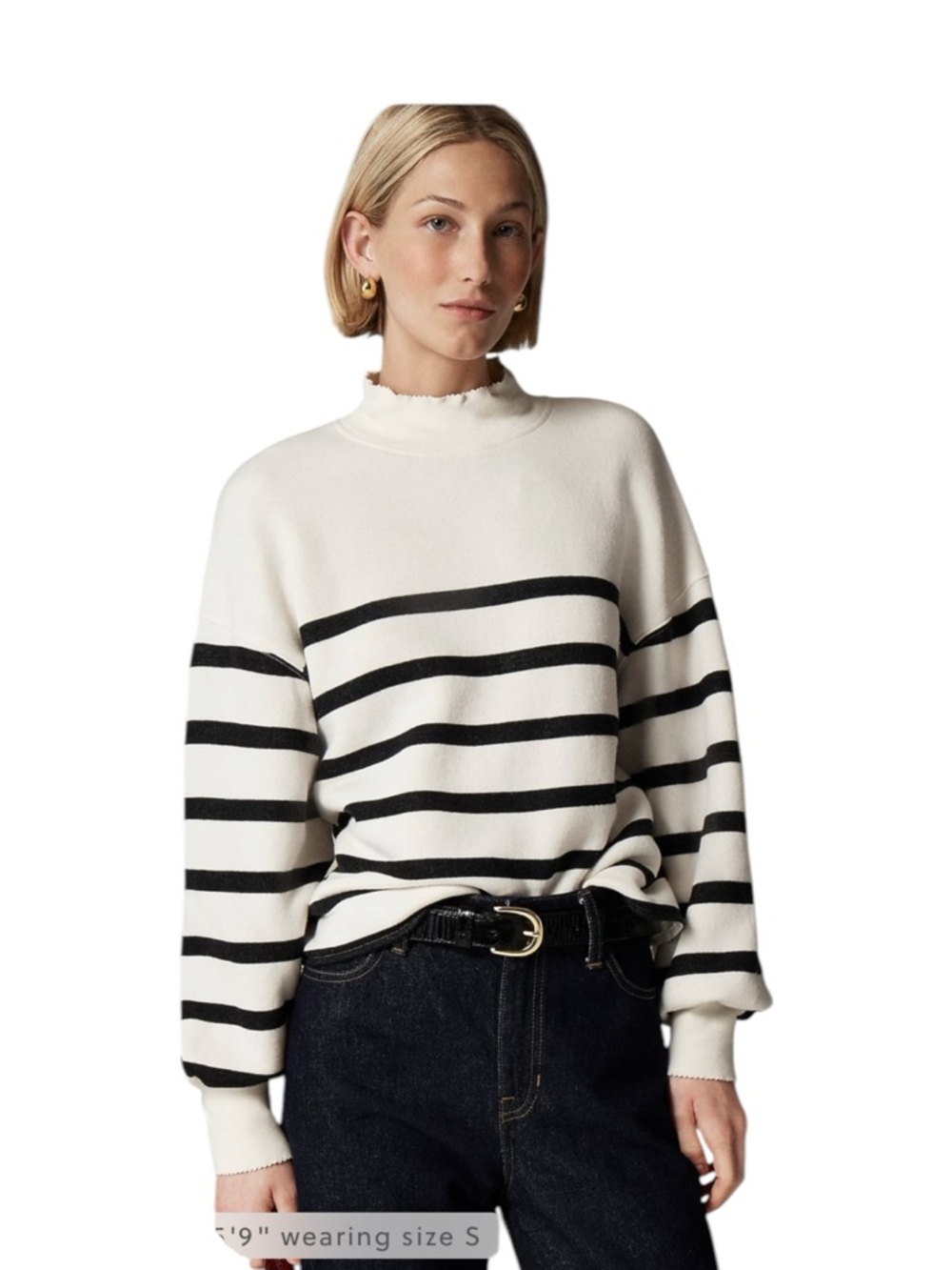 J Crew Heritage terry mockneck sweatshirt in black stripe Womens Size S FLAW